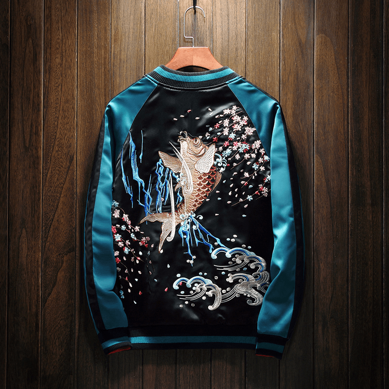 Iconic Reversible Japanese Koi Goldfish Sukajan Souvenir Jacket Embroidered Bomber