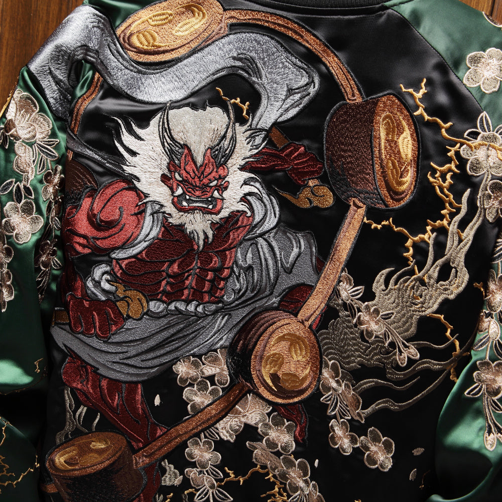 Premium Japanese Raijin Fujin Thunder God Embroidered Sukajan Souvenir Bomber Jacket