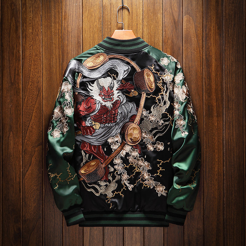 Premium Japanese Raijin Fujin Thunder God Embroidered Sukajan Souvenir Bomber Jacket