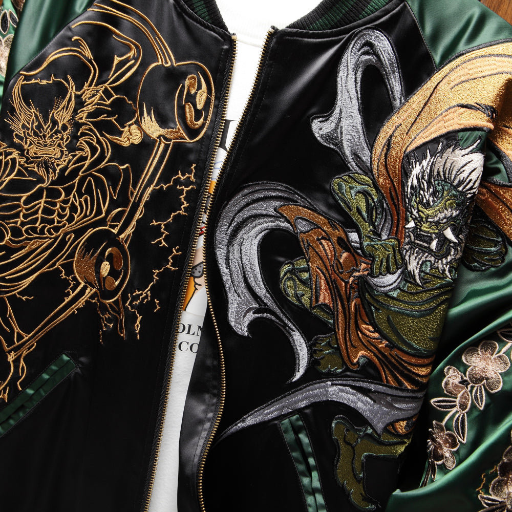 Premium Japanese Raijin Fujin Thunder God Embroidered Sukajan Souvenir Bomber Jacket