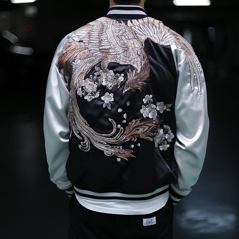 Majestic Phoenix Embroidered Souvenir Jacket: Reversible Silk Bomber for All