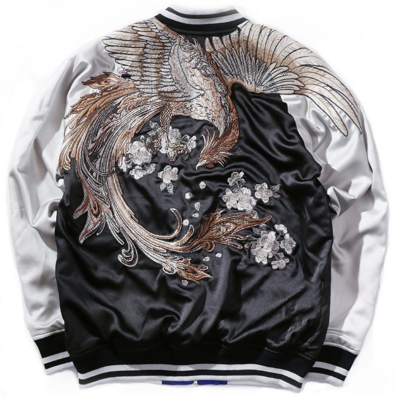 Majestic Phoenix Embroidered Souvenir Jacket: Reversible Silk Bomber for All