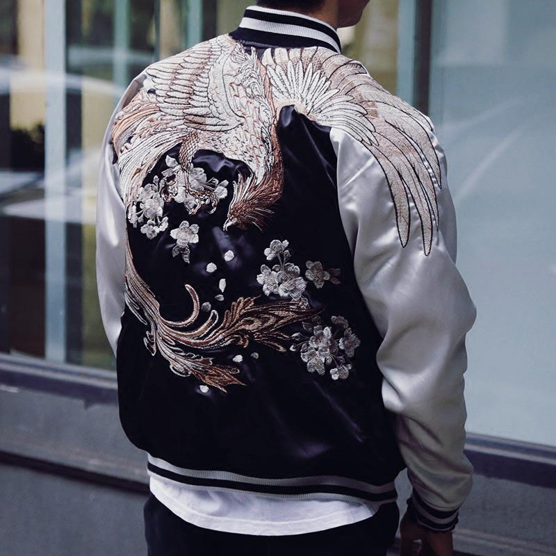 Majestic Phoenix Embroidered Souvenir Jacket: Reversible Silk Bomber for All