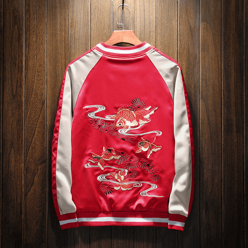 Reversible Japanese Koi Goldfish Sukajan Souvenir Jacket - Dual Design Embroidery