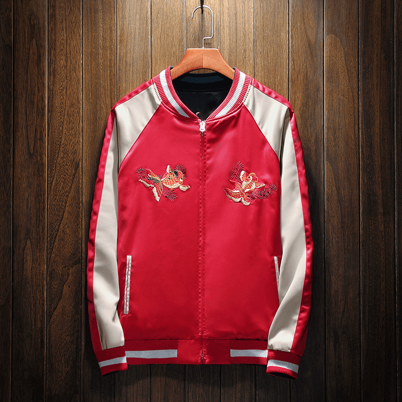 Reversible Japanese Koi Goldfish Sukajan Souvenir Jacket - Dual Design Embroidery