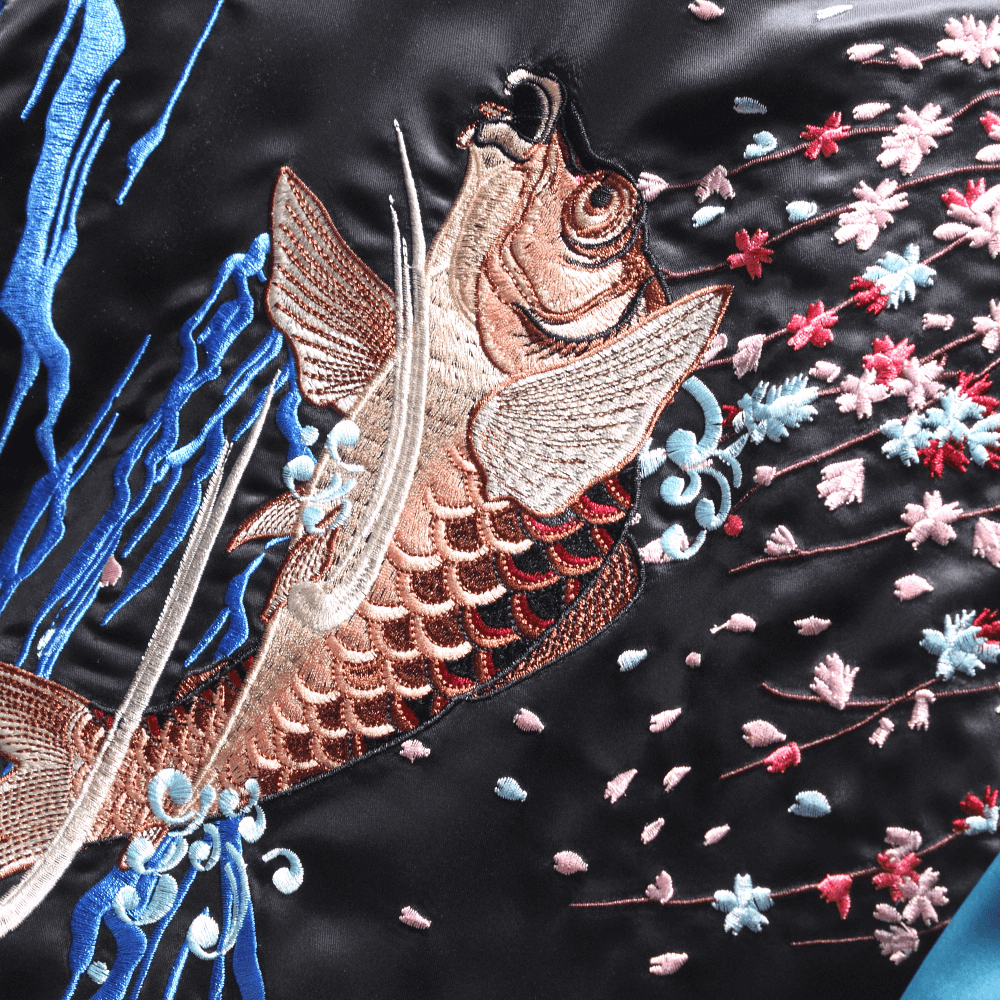 Reversible Japanese Koi Goldfish Sukajan Souvenir Jacket - Dual Design Embroidery