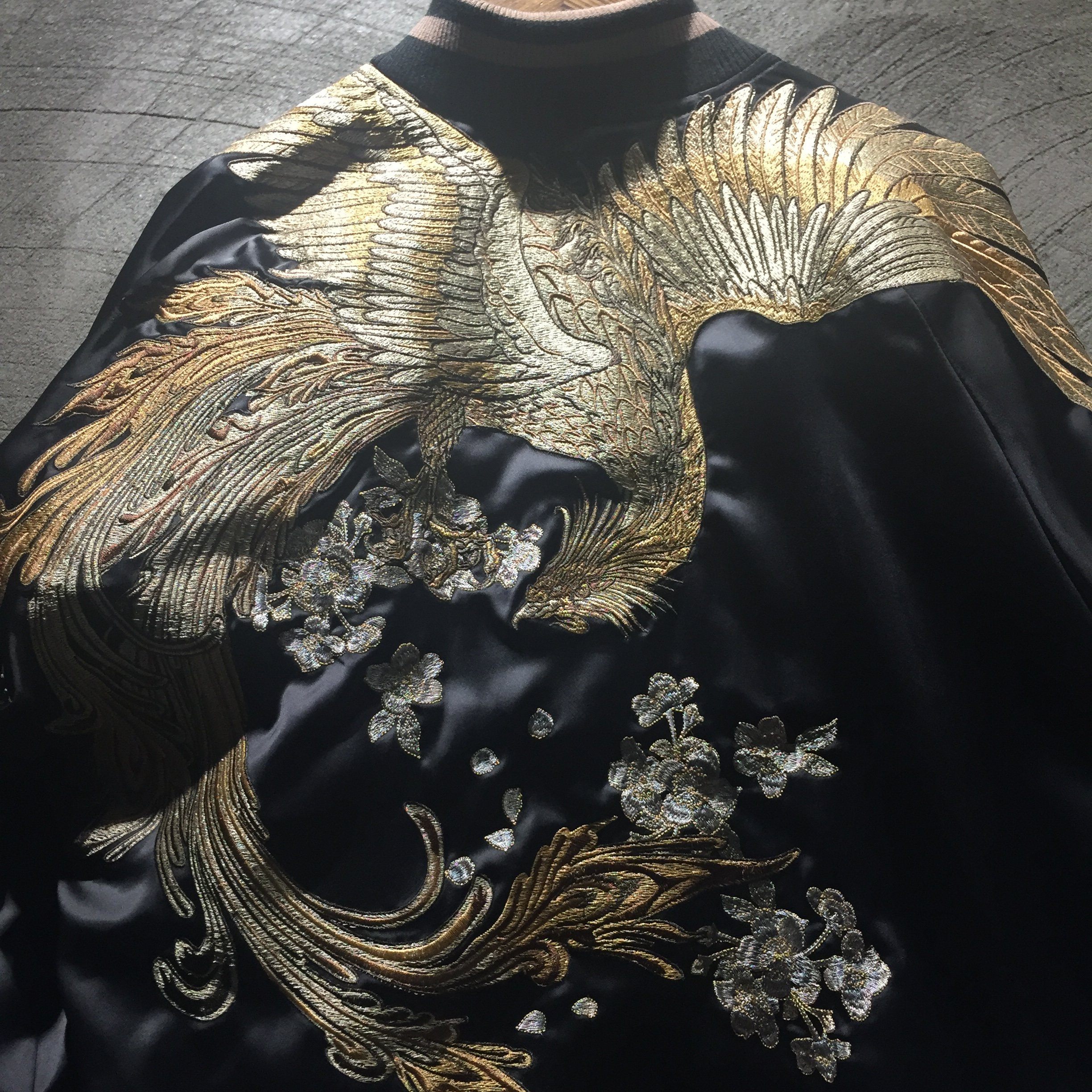 Majestic Phoenix Embroidered Souvenir Jacket: Reversible Silk Bomber for All