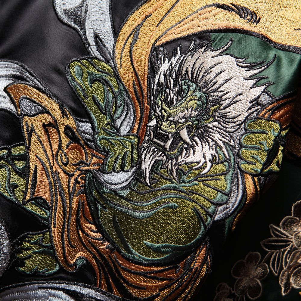 Premium Japanese Raijin Fujin Thunder God Embroidered Sukajan Souvenir Bomber Jacket