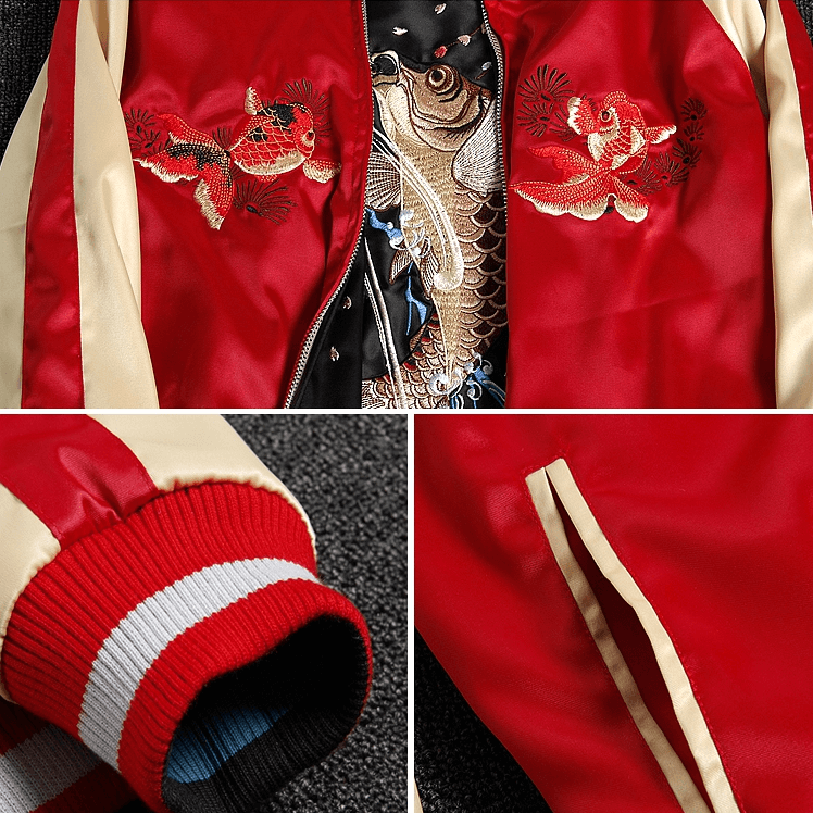Reversible Japanese Koi Goldfish Sukajan Souvenir Jacket - Dual Design Embroidery